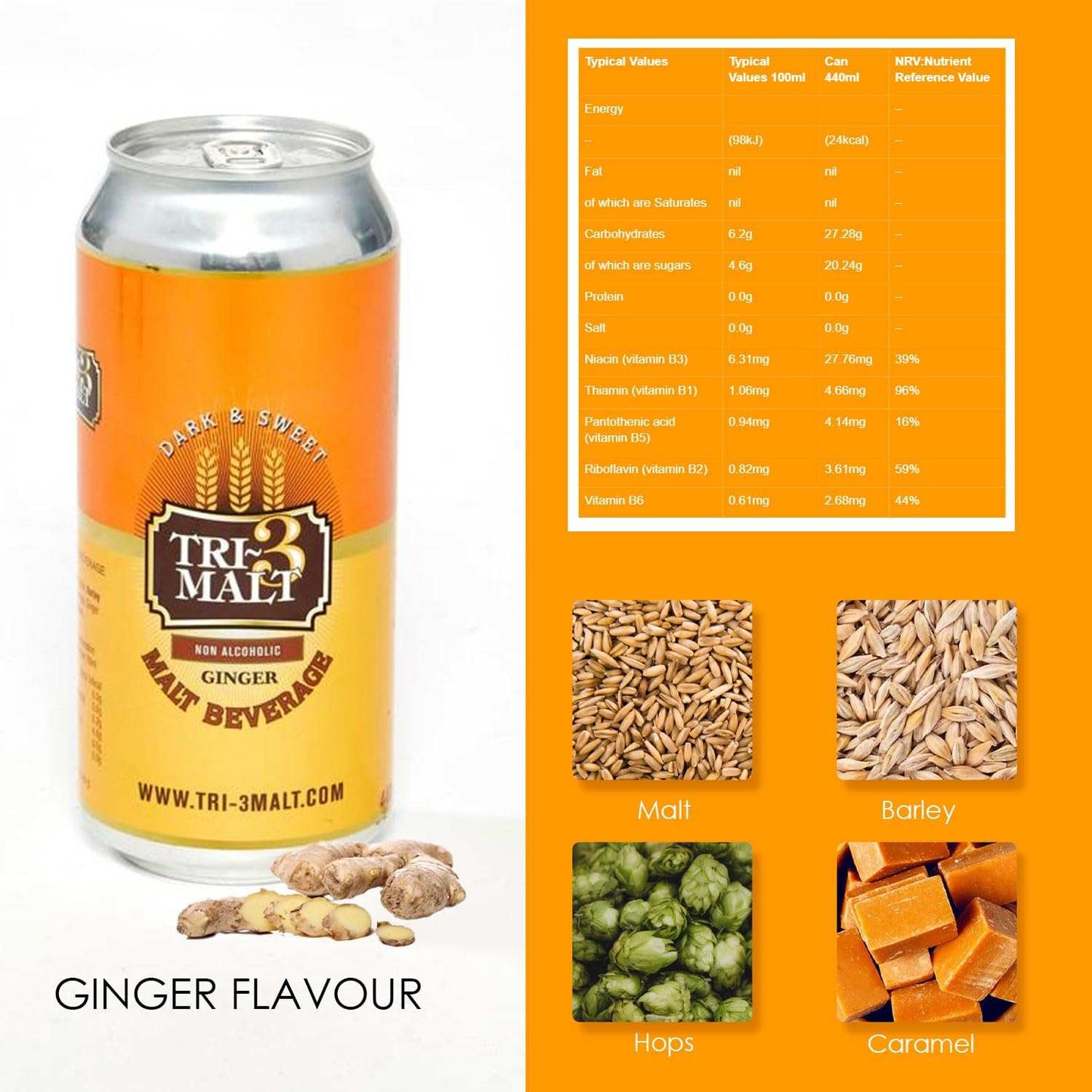 Pack of 12 TRI-3 Malt Drink Ginger flavor cans, 440ml non-alcoholic malt beverage with caramel and vanilla, perfect for parties.