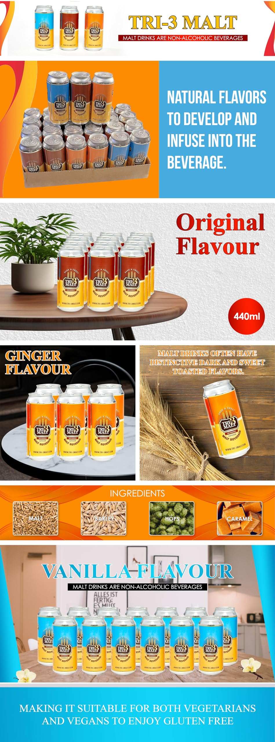 TRI-3 Malt Drink 6 pack cans with Original and Ginger flavors, non-alcoholic malt soda beverages