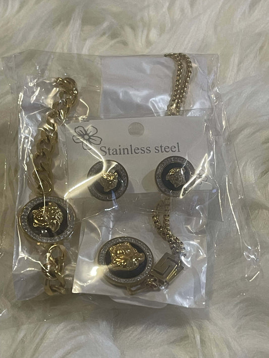 Bentix Brazilian Gold jewelry set featuring gold and silver plated necklaces, bangles, rings, and earrings with elegant Brazilian craftsmanship