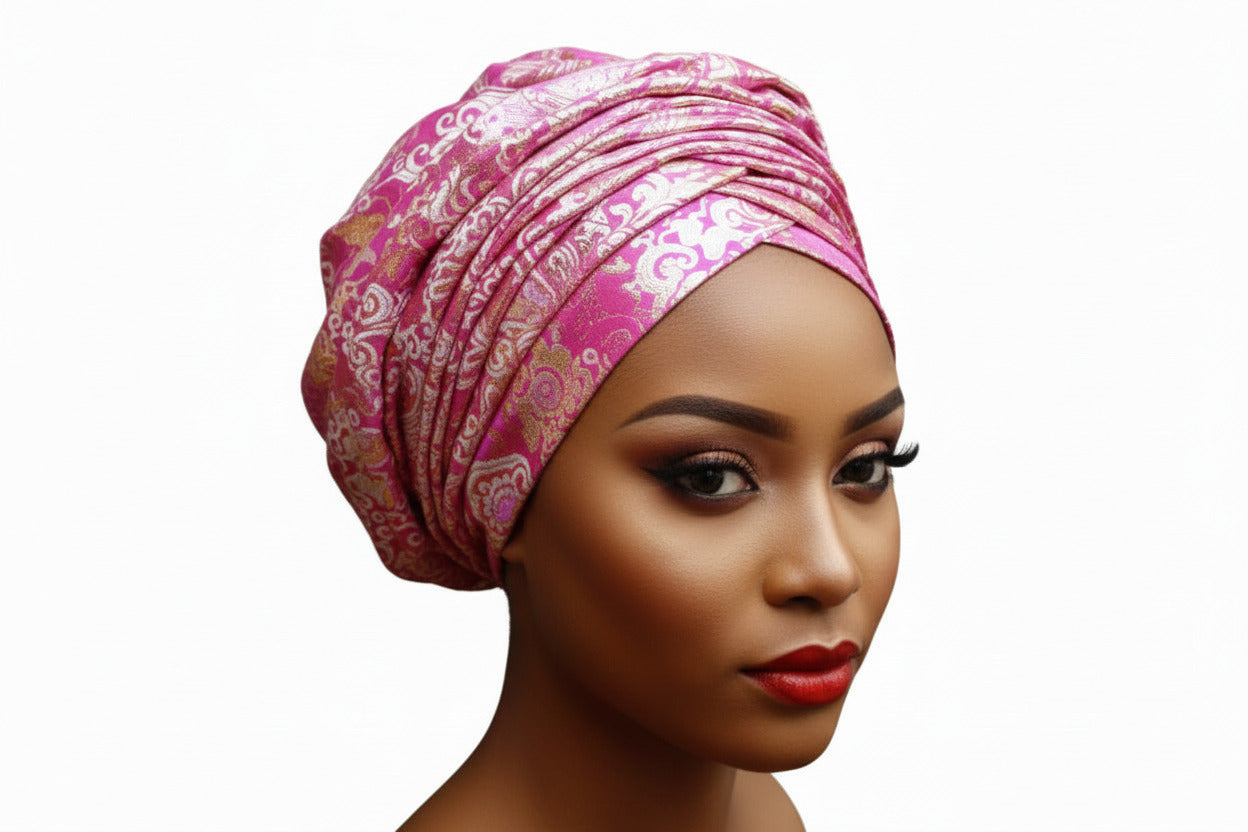 Nigerian Auto-Gele in Pink Damask Pattern
