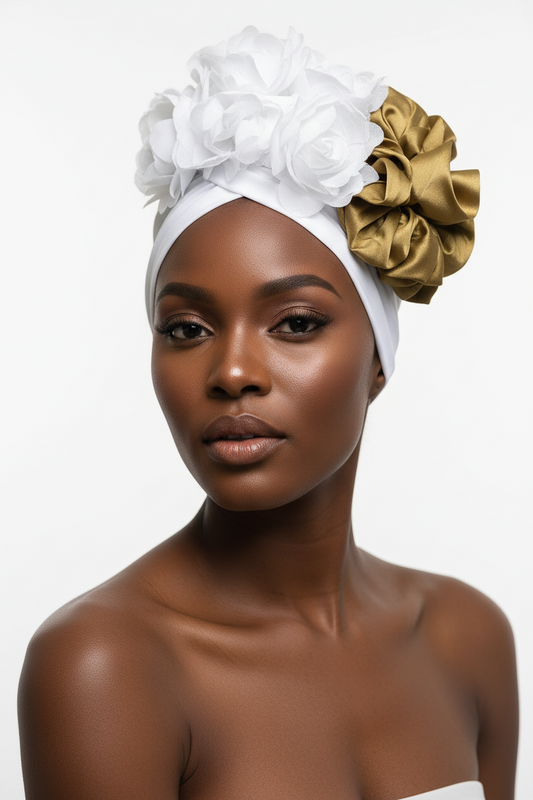 Nigerian Turban White floral with a Gold Scrunchie