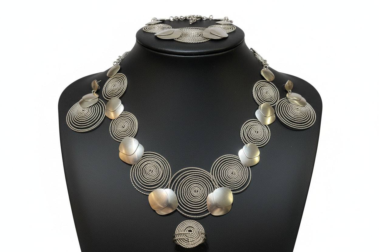 Bentix Brazilian Silver gold and silver plated circular jewelry set with necklaces, bangles, rings, and earrings